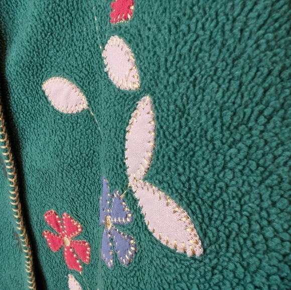 Vintage Floral Embroidered Green Fleece Button Down Cardigan Sweater Jacket L-XL - Picture 7 of 9